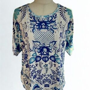 Johnny Was White Blue Floral Viscose Blend Short Sleeve Tee Boho Top Size M